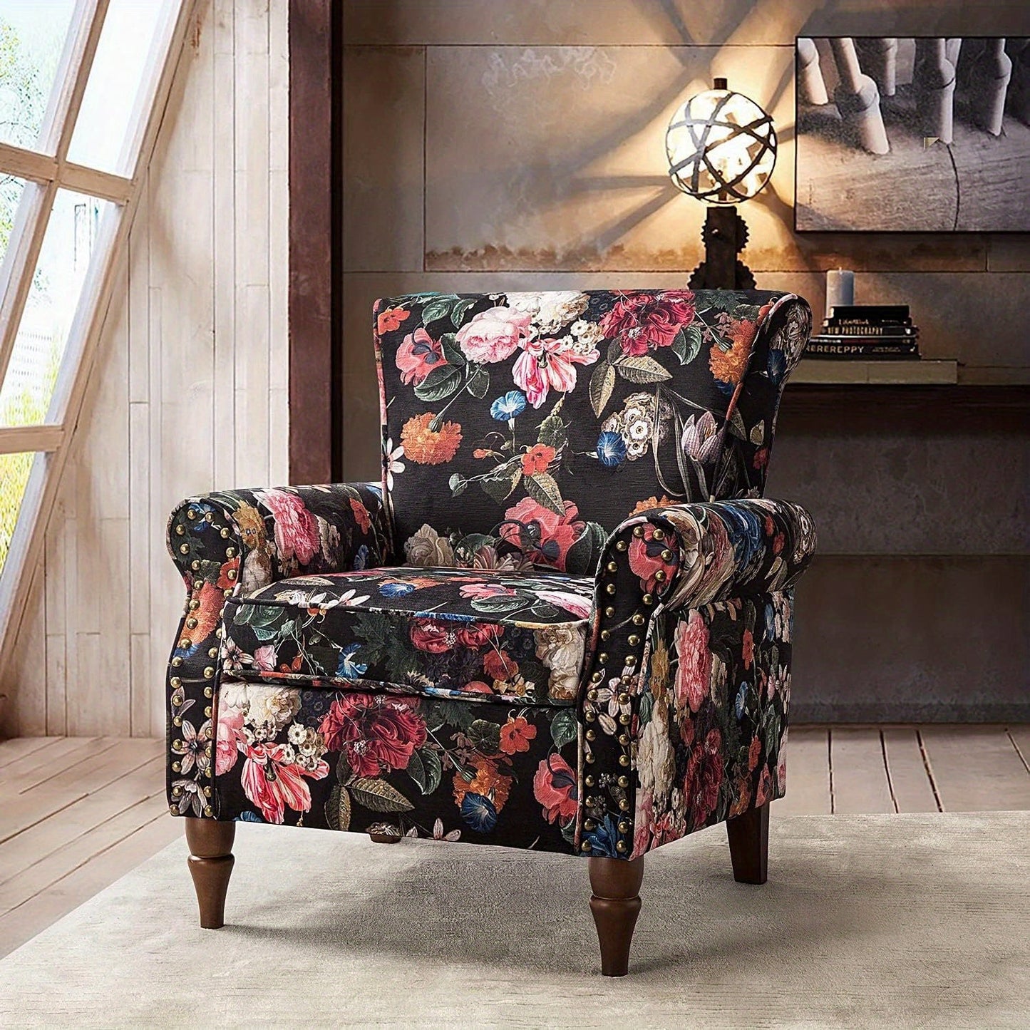 Modern Wingback Accent Chair With Wood Legs & Removable Cushion, Stadium Seats For Sports Fields, Sport Event, Comfy Upholstered Armchair With Nailhead Trim, Floral Pattern Sofa Chair For Bedroom Living Room, Floral - Blu Lotus Boutique