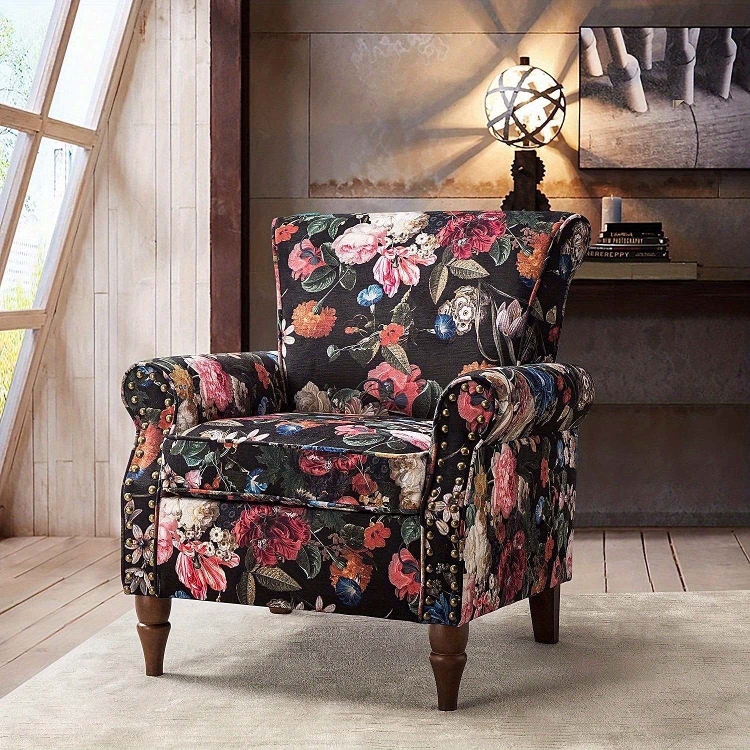 Modern Wingback Accent Chair With Wood Legs & Removable Cushion, Stadium Seats For Sports Fields, Sport Event, Comfy Upholstered Armchair With Nailhead Trim, Floral Pattern Sofa Chair For Bedroom Living Room, Floral - Blu Lotus Boutique