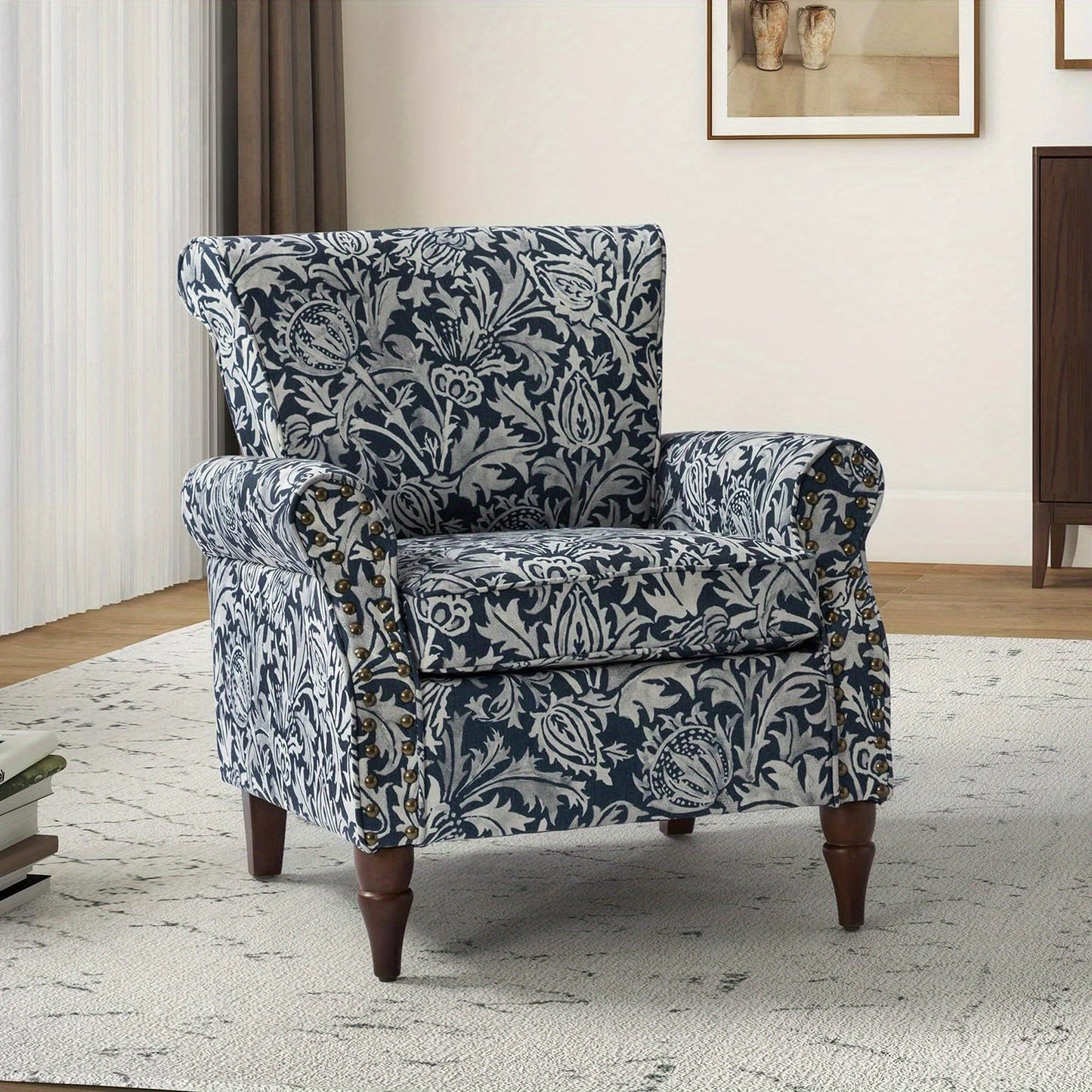 Modern Wingback Accent Chair With Wood Legs & Removable Cushion, Stadium Seats For Sports Fields, Sport Event, Comfy Upholstered Armchair With Nailhead Trim, Floral Pattern Sofa Chair For Bedroom Living Room, Floral - Blu Lotus Boutique