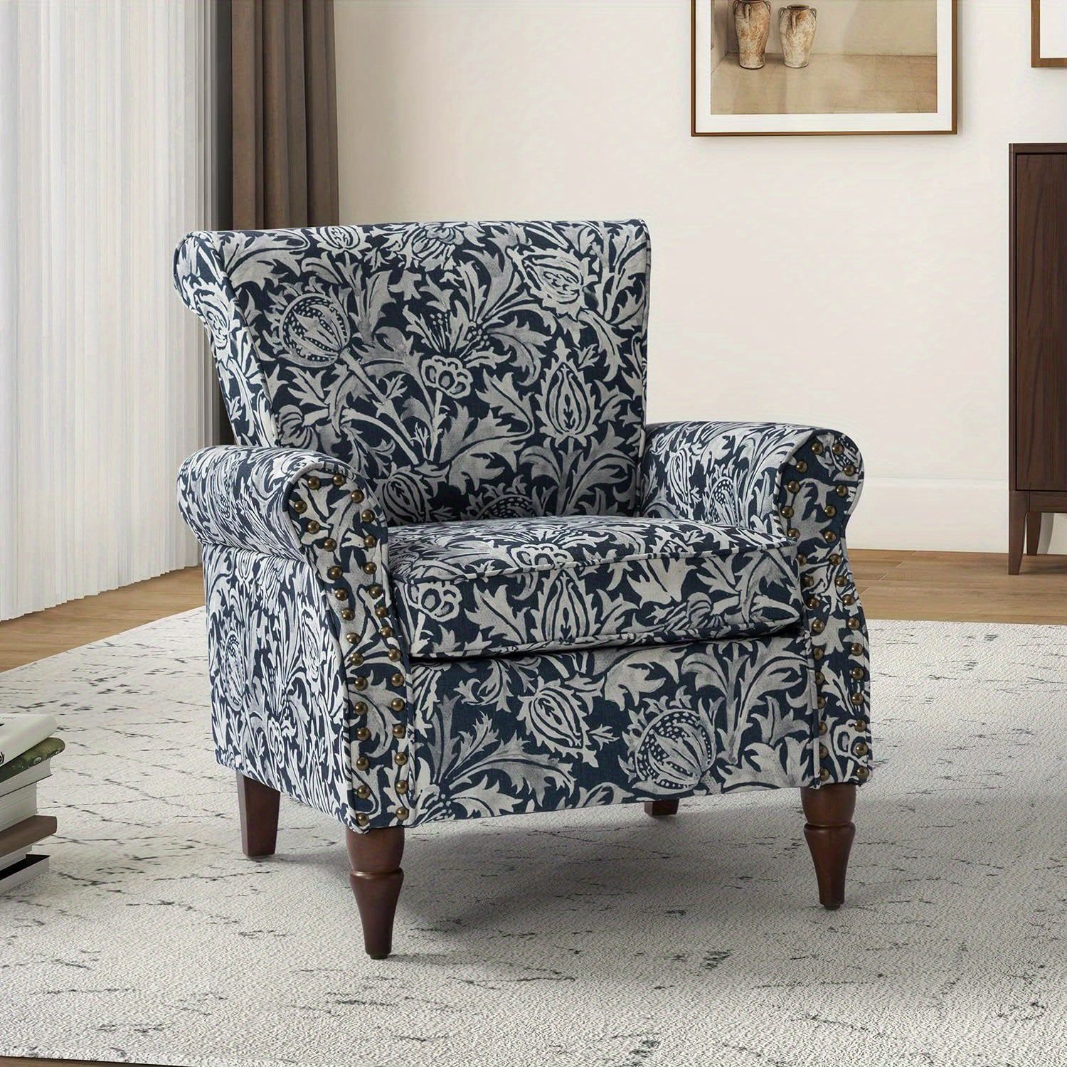 Modern Wingback Accent Chair With Wood Legs & Removable Cushion, Stadium Seats For Sports Fields, Sport Event, Comfy Upholstered Armchair With Nailhead Trim, Floral Pattern Sofa Chair For Bedroom Living Room, Floral - Blu Lotus Boutique