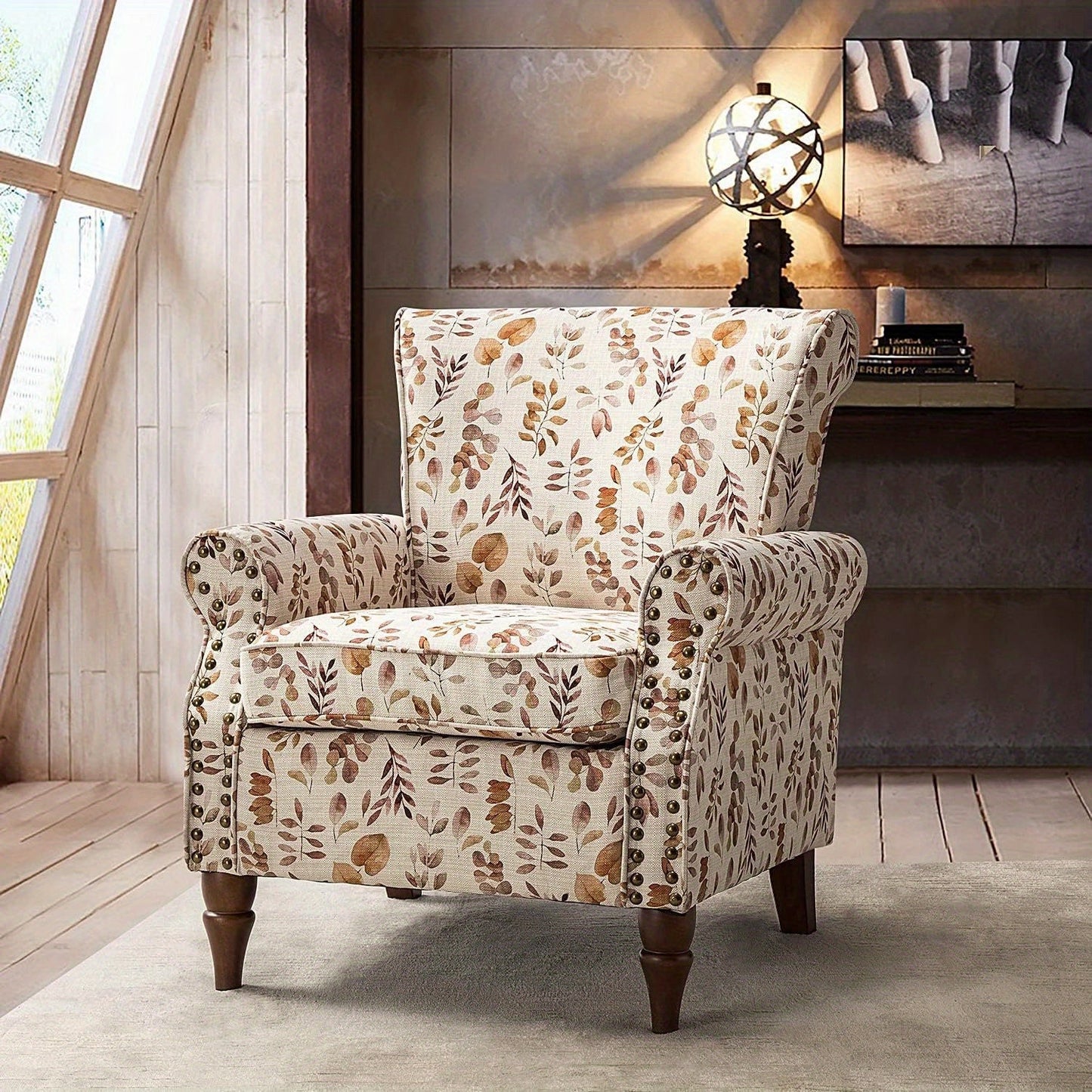 Modern Wingback Accent Chair With Wood Legs & Removable Cushion, Stadium Seats For Sports Fields, Sport Event, Comfy Upholstered Armchair With Nailhead Trim, Floral Pattern Sofa Chair For Bedroom Living Room, Floral - Blu Lotus Boutique