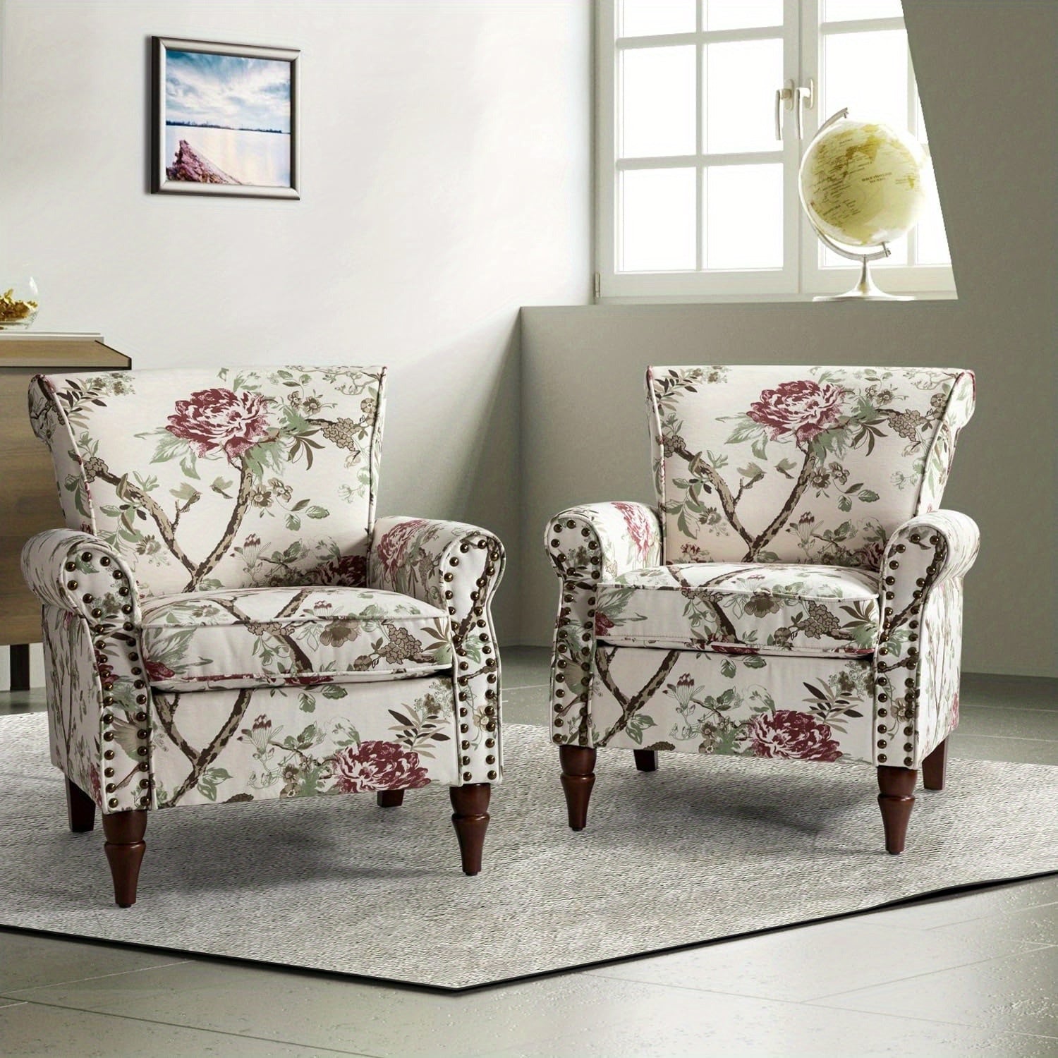 Modern Wingback Accent Chair With Wood Legs & Removable Cushion, Stadium Seats For Sports Fields, Sport Event, Comfy Upholstered Armchair With Nailhead Trim, Floral Pattern Sofa Chair For Bedroom Living Room, Floral - Blu Lotus Boutique