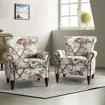 Modern Wingback Accent Chair With Wood Legs & Removable Cushion, Stadium Seats For Sports Fields, Sport Event, Comfy Upholstered Armchair With Nailhead Trim, Floral Pattern Sofa Chair For Bedroom Living Room, Floral - Blu Lotus Boutique