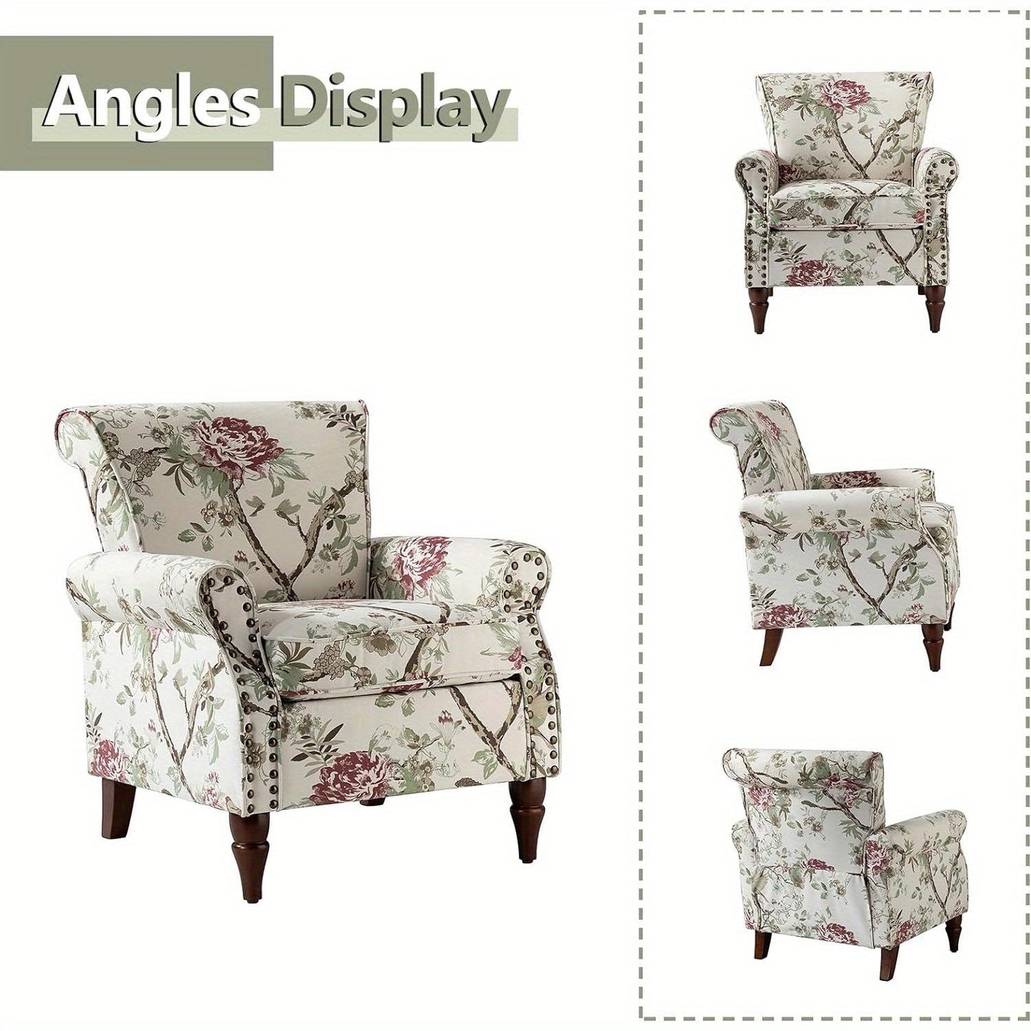 Modern Wingback Accent Chair With Wood Legs & Removable Cushion, Stadium Seats For Sports Fields, Sport Event, Comfy Upholstered Armchair With Nailhead Trim, Floral Pattern Sofa Chair For Bedroom Living Room, Floral - Blu Lotus Boutique