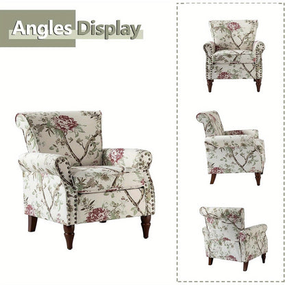 Modern Wingback Accent Chair With Wood Legs & Removable Cushion, Stadium Seats For Sports Fields, Sport Event, Comfy Upholstered Armchair With Nailhead Trim, Floral Pattern Sofa Chair For Bedroom Living Room, Floral - Blu Lotus Boutique