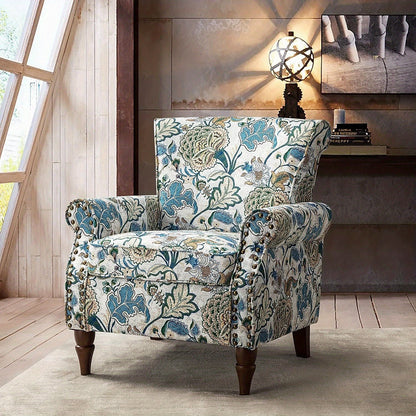 Modern Wingback Accent Chair With Wood Legs & Removable Cushion, Stadium Seats For Sports Fields, Sport Event, Comfy Upholstered Armchair With Nailhead Trim, Floral Pattern Sofa Chair For Bedroom Living Room, Floral - Blu Lotus Boutique