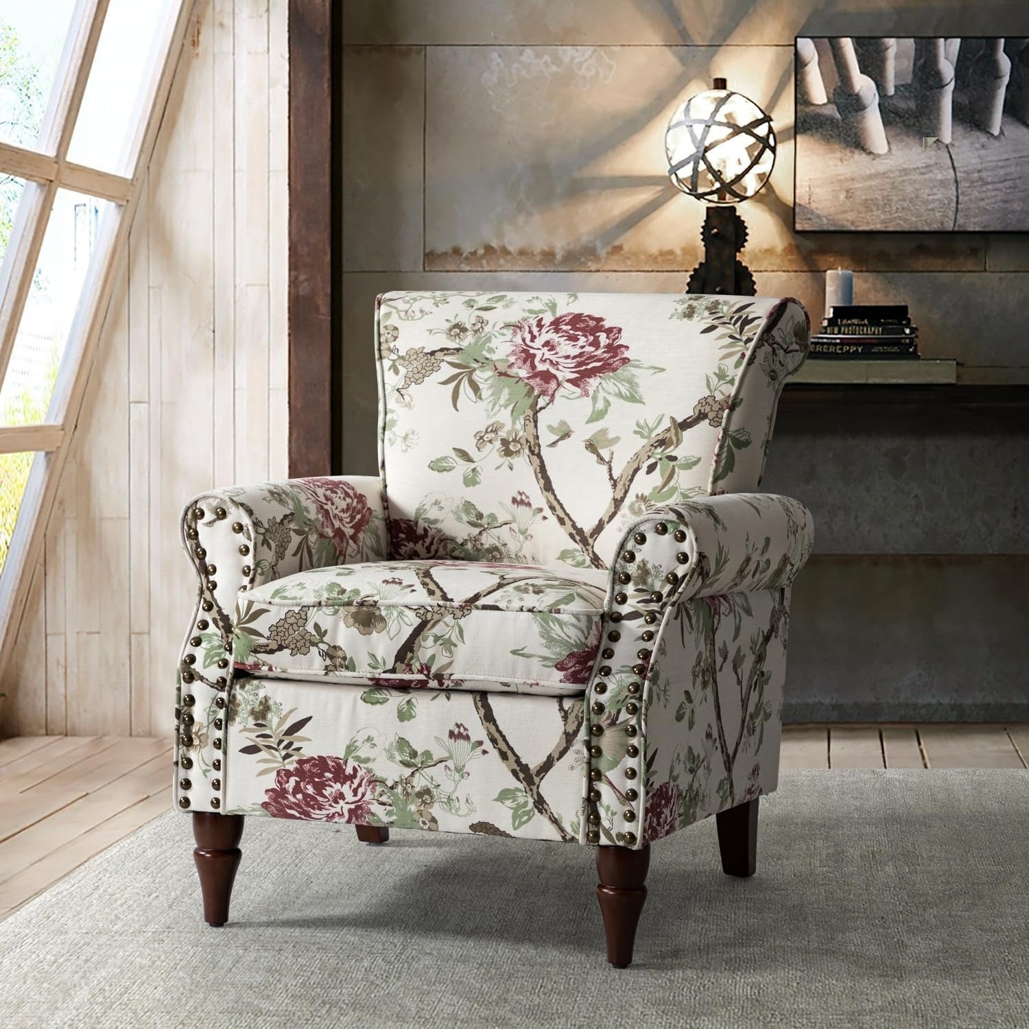 Modern Wingback Accent Chair With Wood Legs & Removable Cushion, Stadium Seats For Sports Fields, Sport Event, Comfy Upholstered Armchair With Nailhead Trim, Floral Pattern Sofa Chair For Bedroom Living Room, Floral - Blu Lotus Boutique