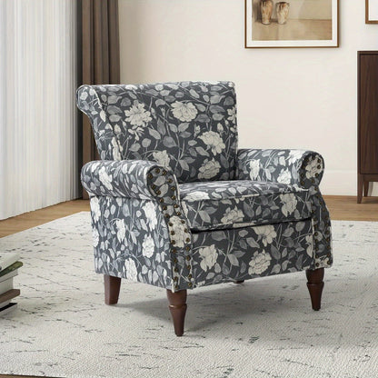 Modern Wingback Accent Chair With Wood Legs & Removable Cushion, Stadium Seats For Sports Fields, Sport Event, Comfy Upholstered Armchair With Nailhead Trim, Floral Pattern Sofa Chair For Bedroom Living Room, Floral - Blu Lotus Boutique
