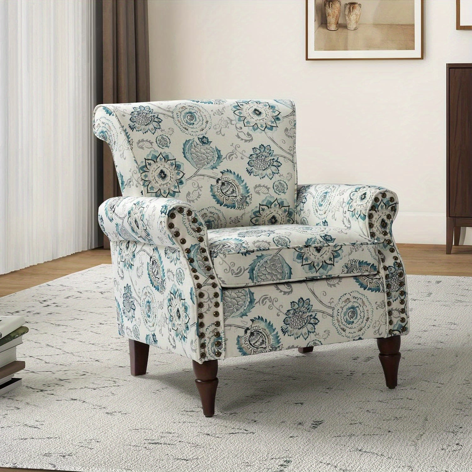 Modern Wingback Accent Chair With Wood Legs & Removable Cushion, Stadium Seats For Sports Fields, Sport Event, Comfy Upholstered Armchair With Nailhead Trim, Floral Pattern Sofa Chair For Bedroom Living Room, Floral - Blu Lotus Boutique