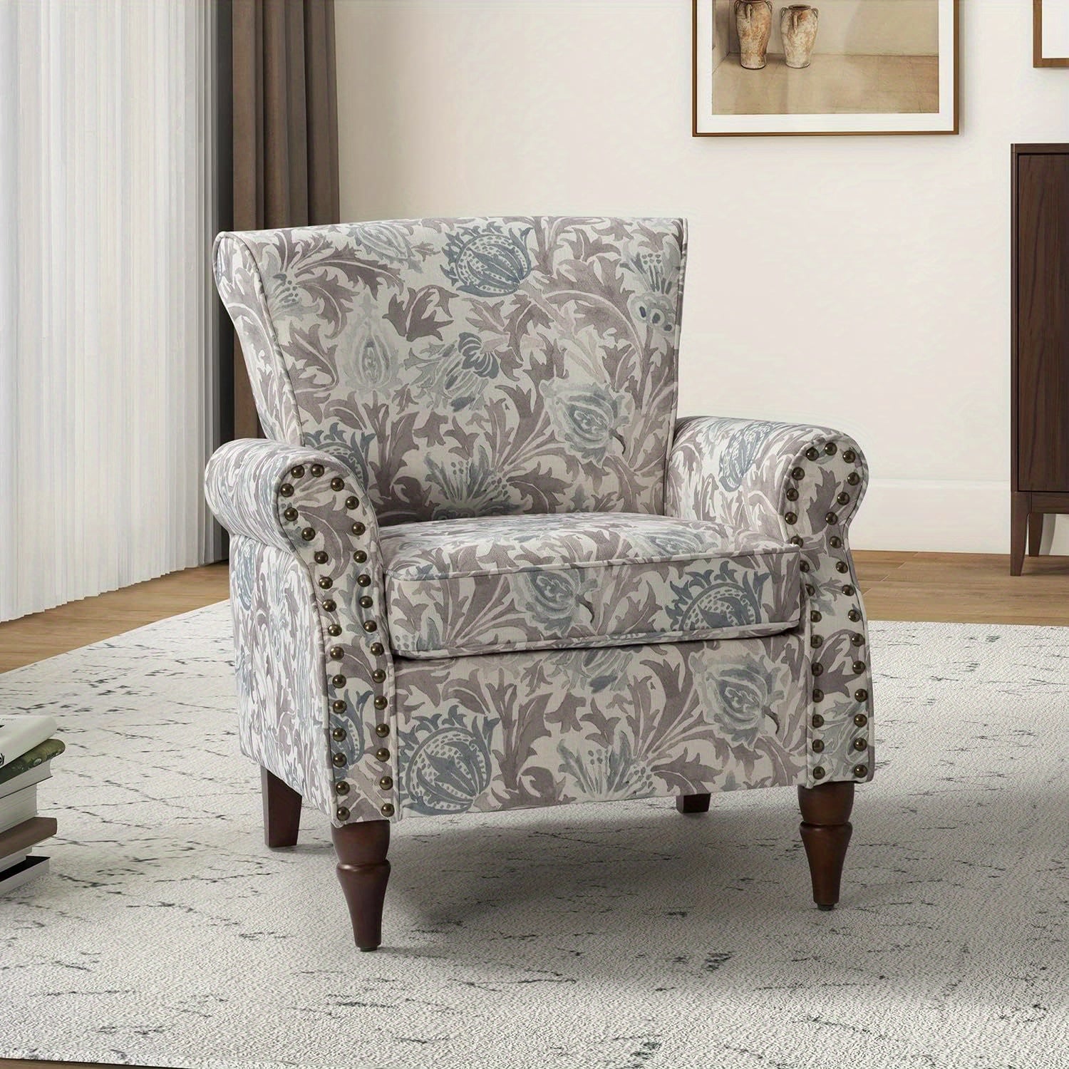 Modern Wingback Accent Chair With Wood Legs & Removable Cushion, Stadium Seats For Sports Fields, Sport Event, Comfy Upholstered Armchair With Nailhead Trim, Floral Pattern Sofa Chair For Bedroom Living Room, Floral - Blu Lotus Boutique