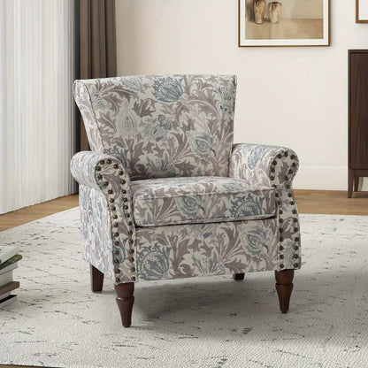 Modern Wingback Accent Chair With Wood Legs & Removable Cushion, Stadium Seats For Sports Fields, Sport Event, Comfy Upholstered Armchair With Nailhead Trim, Floral Pattern Sofa Chair For Bedroom Living Room, Floral - Blu Lotus Boutique