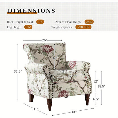Modern Wingback Accent Chair With Wood Legs & Removable Cushion, Stadium Seats For Sports Fields, Sport Event, Comfy Upholstered Armchair With Nailhead Trim, Floral Pattern Sofa Chair For Bedroom Living Room, Floral - Blu Lotus Boutique