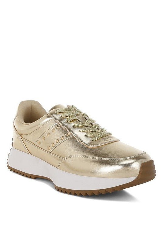 Mujori Metallic Pleather Studded Sneakers - Blu Lotus Boutique