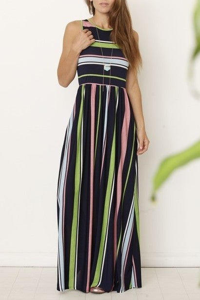 Multi color stripe maxi dress with hidden pocket - Blu Lotus Boutique