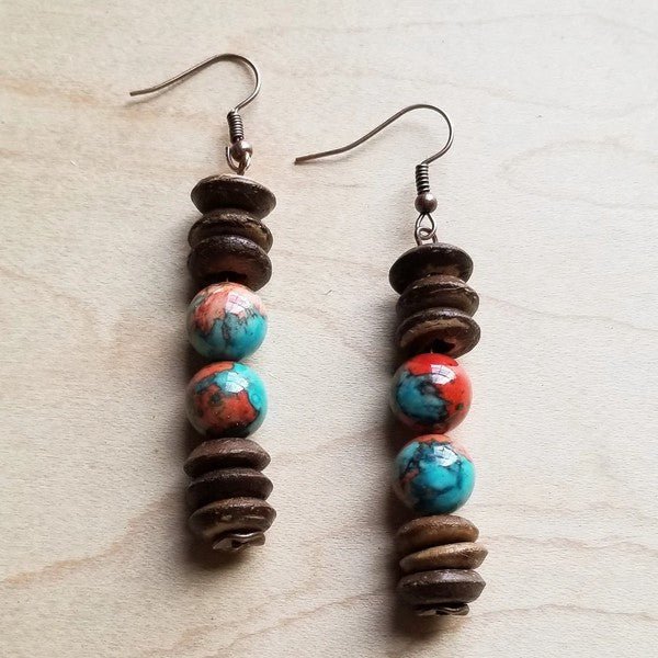 Multi - Colored Turquoise and Wood Earrings - Blu Lotus Boutique