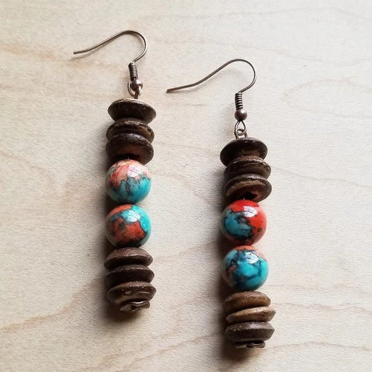 Multi - Colored Turquoise and Wood Earrings - Blu Lotus Boutique