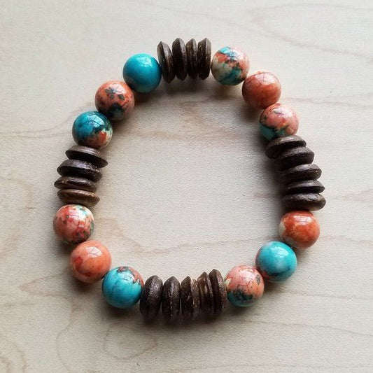 Multi - Colored Turquoise and Wood Stretch Bracelet - Blu Lotus Boutique