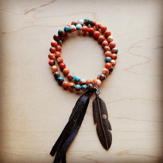 Multi Double Jade Bracelet w/ Feather and Tassel - Blu Lotus Boutique