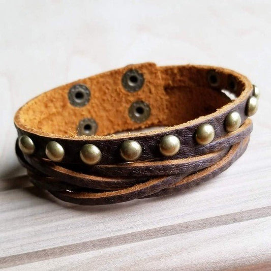 Multi - Strand Leather Cuff with Antique Gold Studs - Blu Lotus Boutique