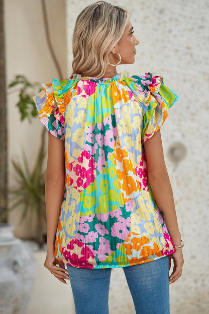 Multicolour Leopard Flutter Sleeve V Neck Crinkled Blouse - Blu Lotus Boutique