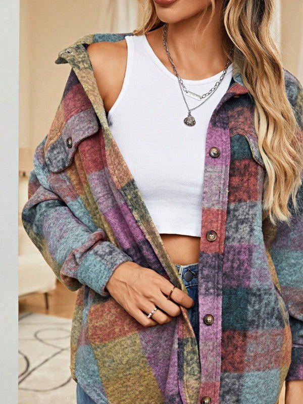 Mustard Red Mint plaid button Shacket Cardigan - Blu Lotus Boutique