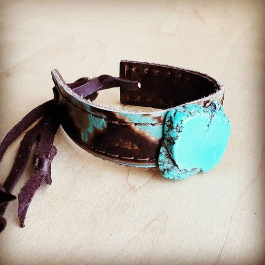 Narrow Leather Cuff w/ Turquoise Slab - Santa Fe - Blu Lotus Boutique