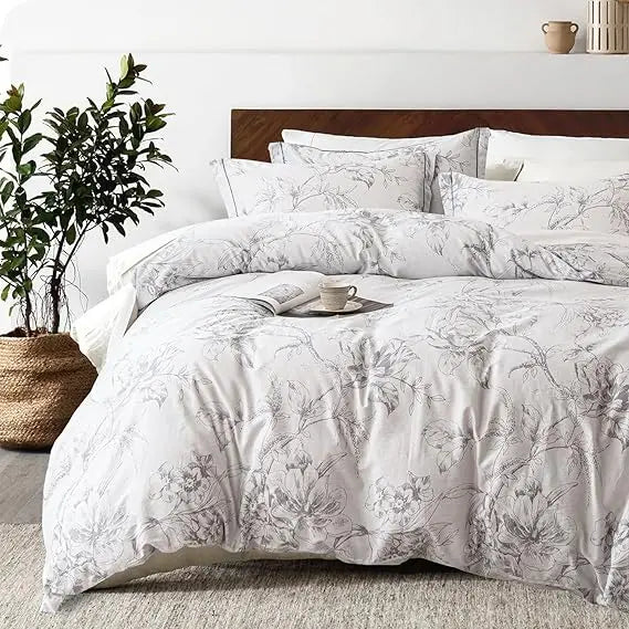 Natural Cotton 3 - Piece Floral Duvet Cover Set - Grayish White with Elegant Gray Flowers and Branches Pattern - Blu Lotus Boutique