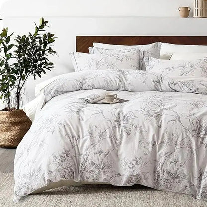 Natural Cotton 3 - Piece Floral Duvet Cover Set - Grayish White with Elegant Gray Flowers and Branches Pattern - Blu Lotus Boutique