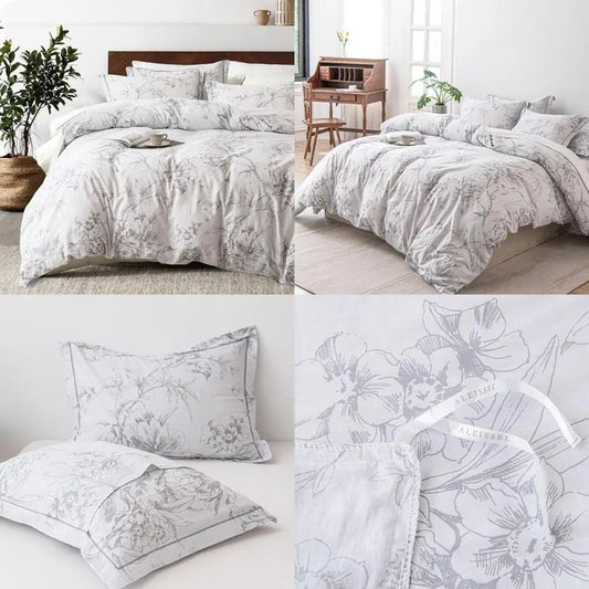 Natural Cotton 3 - Piece Floral Duvet Cover Set - Grayish White with Elegant Gray Flowers and Branches Pattern - Blu Lotus Boutique