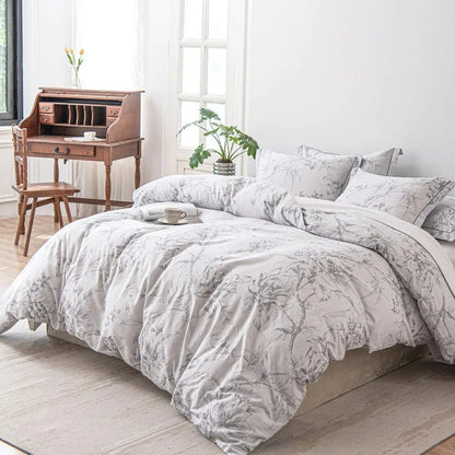 Natural Cotton 3 - Piece Floral Duvet Cover Set - Grayish White with Elegant Gray Flowers and Branches Pattern - Blu Lotus Boutique