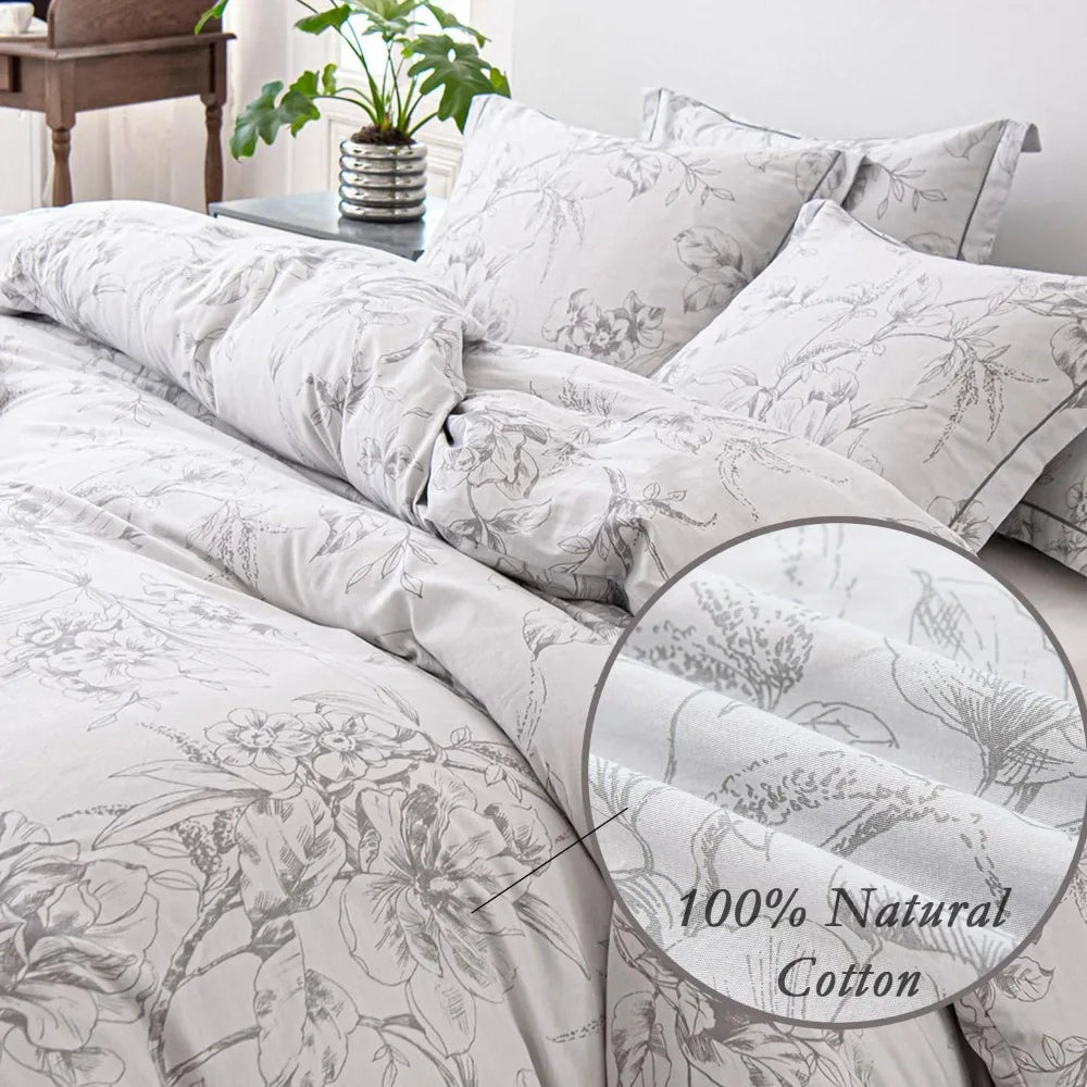 Natural Cotton 3 - Piece Floral Duvet Cover Set - Grayish White with Elegant Gray Flowers and Branches Pattern - Blu Lotus Boutique