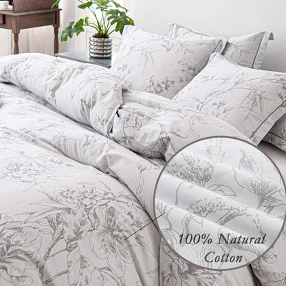 Natural Cotton 3 - Piece Floral Duvet Cover Set - Grayish White with Elegant Gray Flowers and Branches Pattern - Blu Lotus Boutique