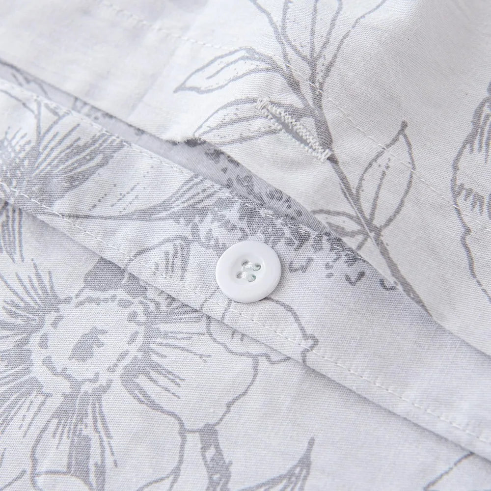 Natural Cotton 3 - Piece Floral Duvet Cover Set - Grayish White with Elegant Gray Flowers and Branches Pattern - Blu Lotus Boutique
