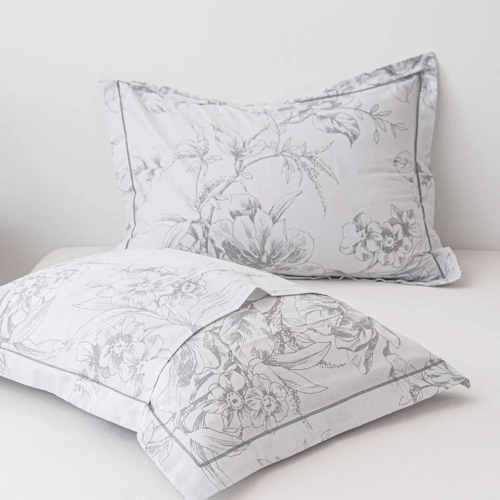 Natural Cotton 3 - Piece Floral Duvet Cover Set - Grayish White with Elegant Gray Flowers and Branches Pattern - Blu Lotus Boutique