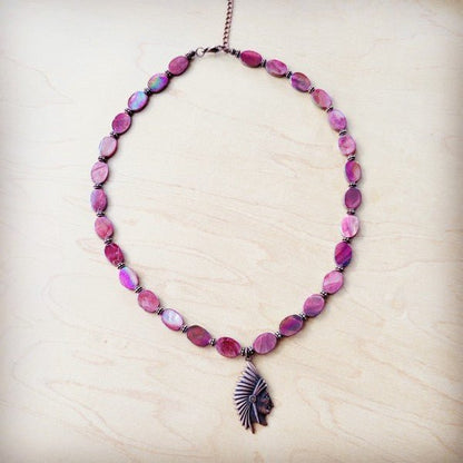 Natural Pink Jade Beaded Necklace w Indian Head - Blu Lotus Boutique