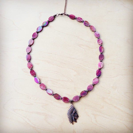 Natural Pink Jade Beaded Necklace w Indian Head - Blu Lotus Boutique