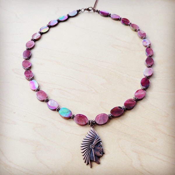 Natural Pink Jade Beaded Necklace w Indian Head - Blu Lotus Boutique