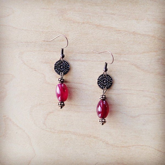 Natural Pink Jade Earrings w/ Copper Scroll Accent - Blu Lotus Boutique