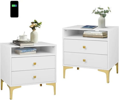 Nightstands Set of 2 with Wireless Charging Function, Wood Night Stands 2 Sets with Drawers and Open Shelf Storage - Blu Lotus Boutique
