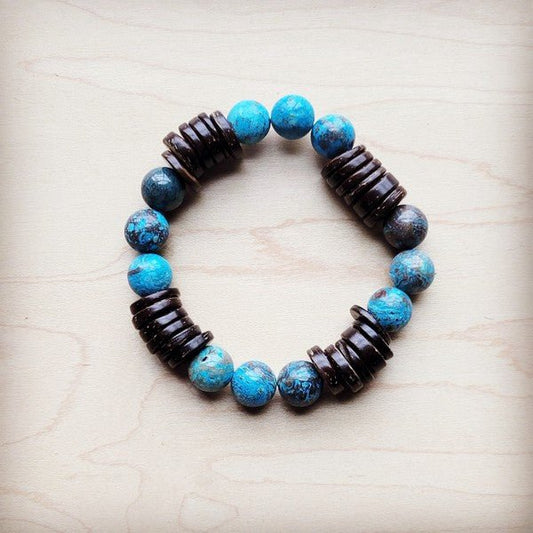 Ocean Agate and Wood Stretch Bracelet - Blu Lotus Boutique