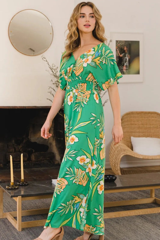 ODDI Full Size Floral Smocked Tied Back Maxi Dress - Blu Lotus Boutique