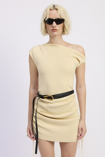 OFF SHOULDER MINI DRESS WITH DRAWSTRINGS - Blu Lotus Boutique