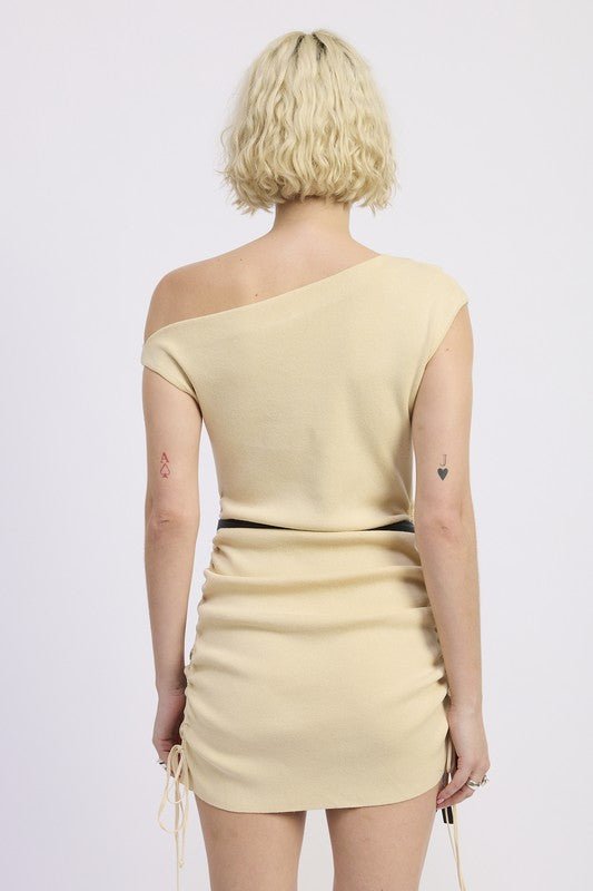 OFF SHOULDER MINI DRESS WITH DRAWSTRINGS - Blu Lotus Boutique