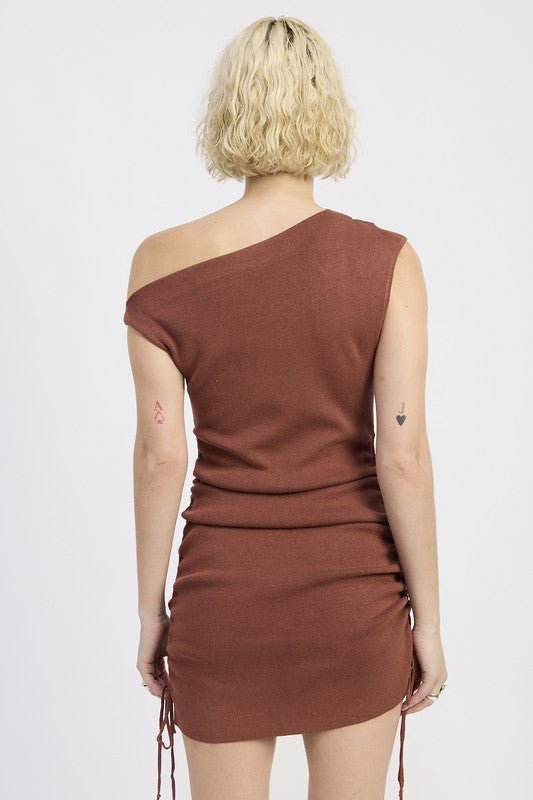 OFF SHOULDER MINI DRESS WITH DRAWSTRINGS - Blu Lotus Boutique