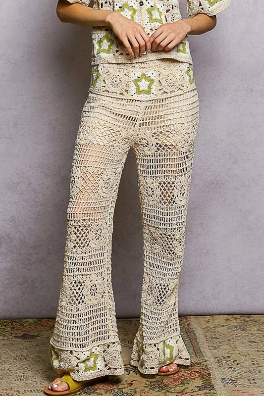 Openwork Crochet Flare Pants with Contrast Star - Blu Lotus Boutique