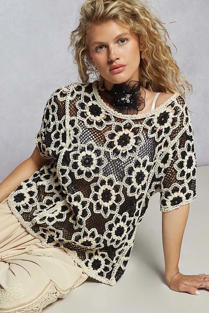 Openwork Short Sleeve Crochet Knit Top with Weave Knit Patterns - Blu Lotus Boutique
