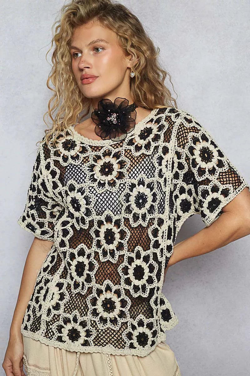 Openwork Short Sleeve Crochet Knit Top with Weave Knit Patterns - Blu Lotus Boutique