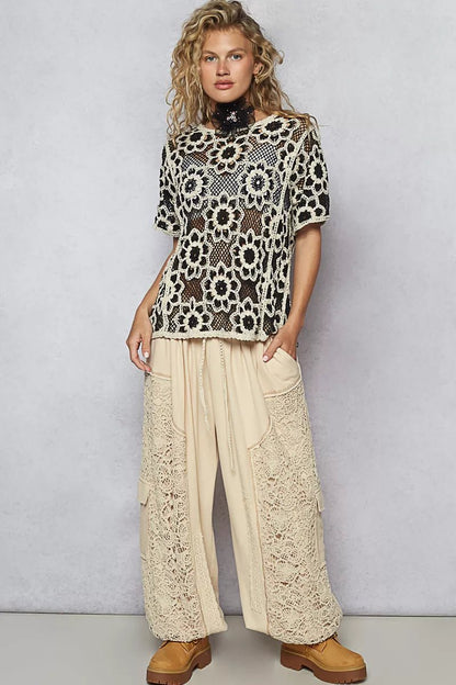 Openwork Short Sleeve Crochet Knit Top with Weave Knit Patterns - Blu Lotus Boutique