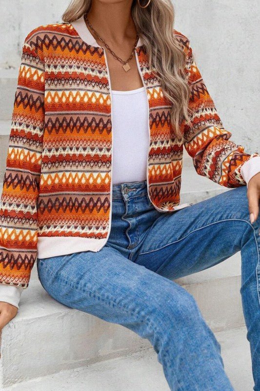 Orange Boho Striped Zip Up Long Sleeve Jacket - Blu Lotus Boutique