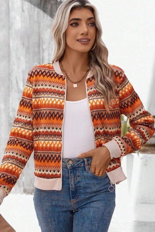Orange Boho Striped Zip Up Long Sleeve Jacket - Blu Lotus Boutique